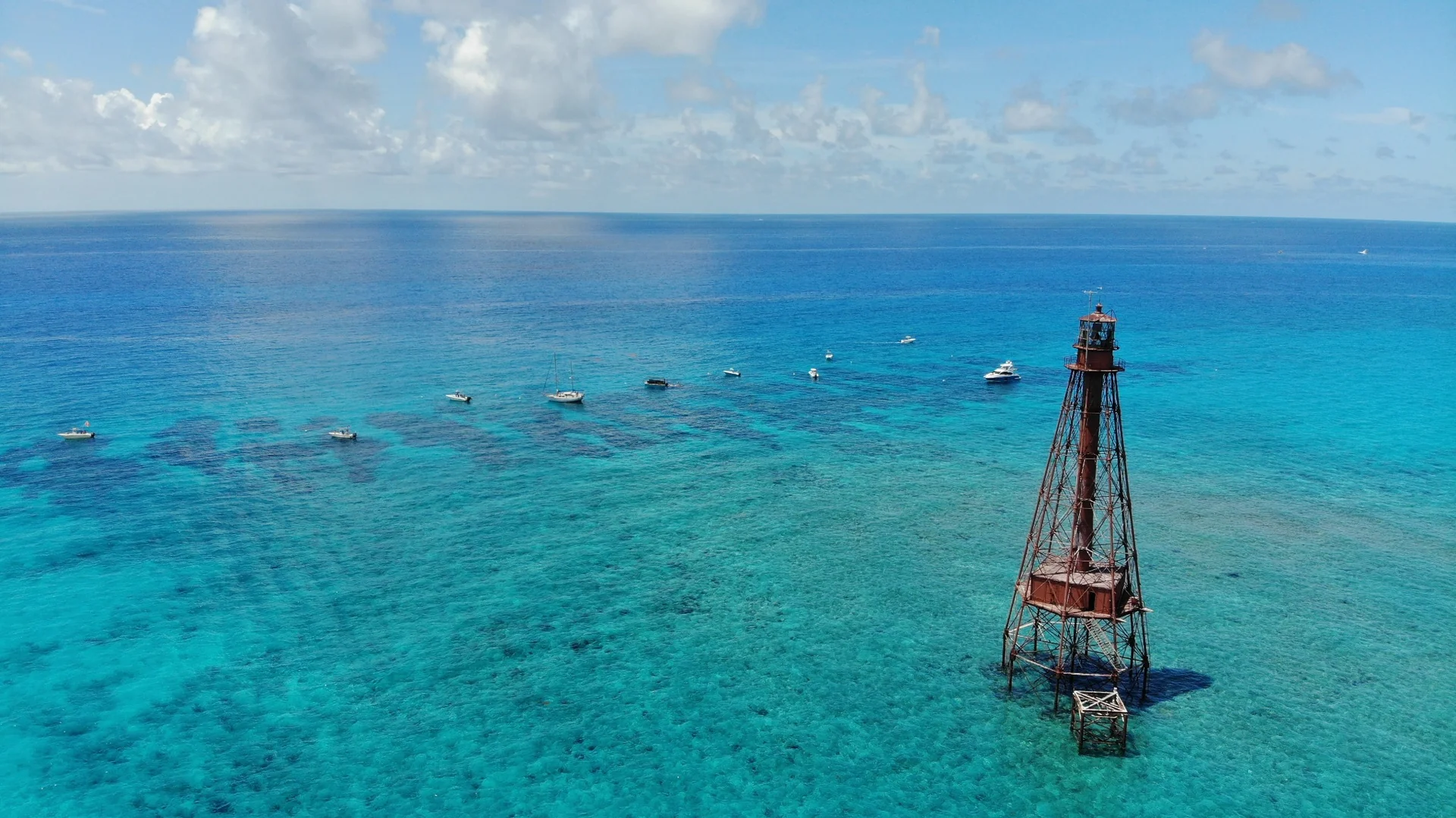 Sombrero Reef lighthouse surrounded by turquoise Florida Keys water